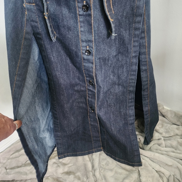 Thrill Dark Blue Denim Maxi Dress Button Down with Front Slits - Picture 4 of 11